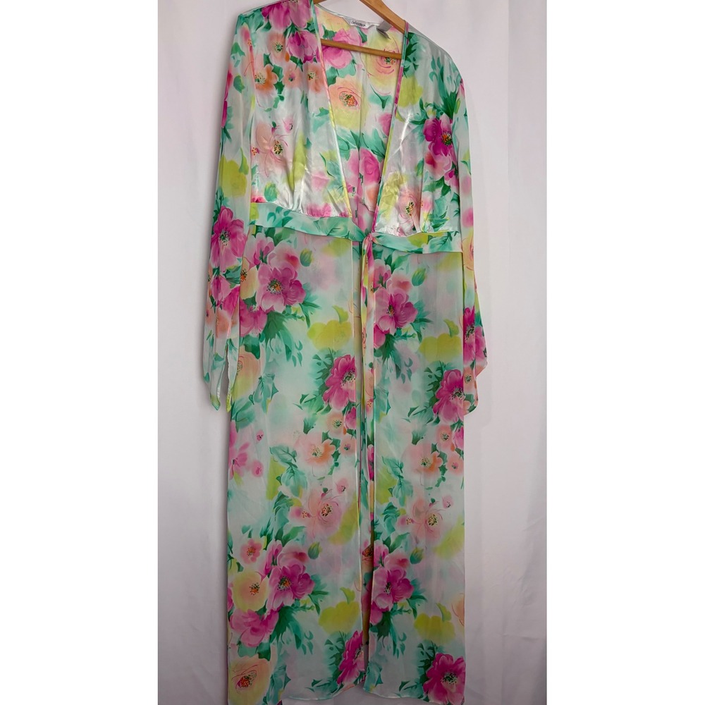 Delicates Vintage Floral Maxi Robe Sheer Chiffon Satin Tie Front Pink XL/XG Soft